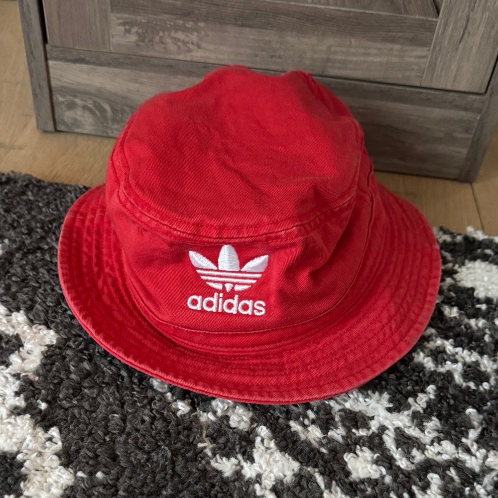 adidas originals washed Red Embroidered Trefoil Bucket Hat